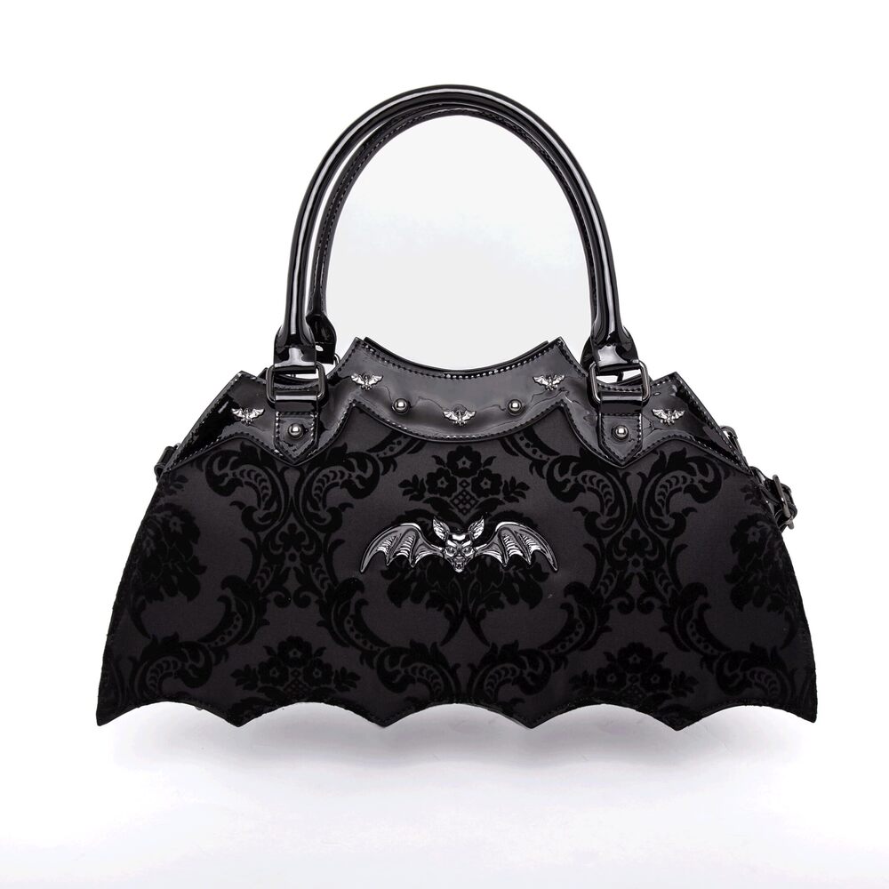 4957 Bat Shaped Handbag with Damask Print and Metal Embellishments on Bag